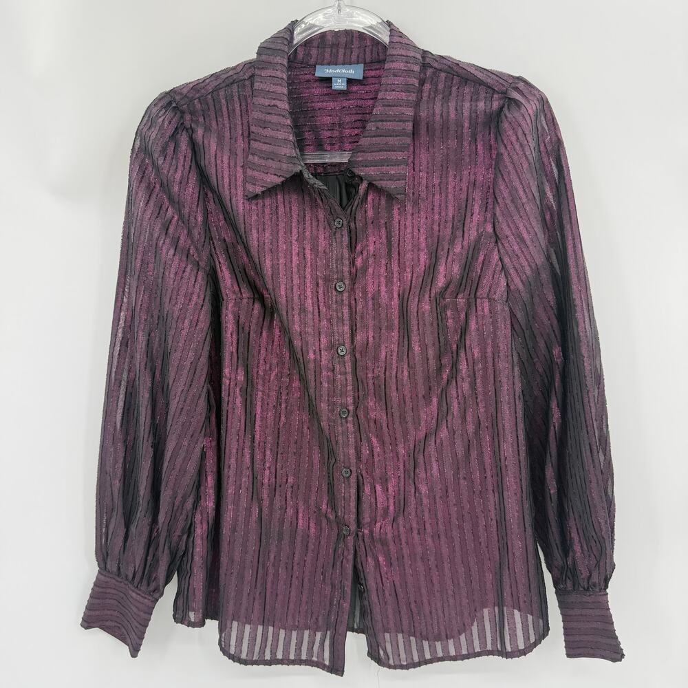 MODCLOTH Metallic Sheer Button Up Shirt Size M Long Sleeve Corporate Goth Shine